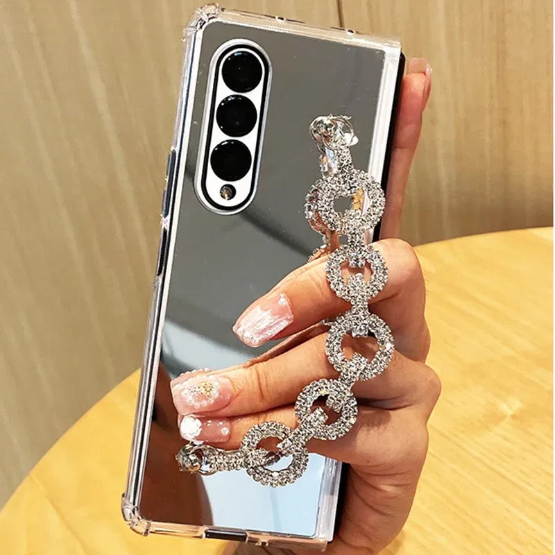 Color: Beige, Material: CANVAS - Luxury Rhinestone Bracelet Phone Cover For Samsung Galaxy Z Fold 6 5 4 3 Makeup Mirror Soft TPU Frame Shockproof Case For Woman
