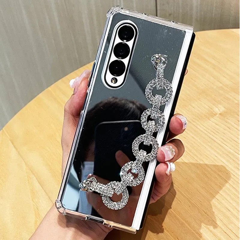 Color: Beige, Material: CANVAS - Luxury Rhinestone Bracelet Phone Cover For Samsung Galaxy Z Fold 6 5 4 3 Makeup Mirror Soft TPU Frame Shockproof Case For Woman