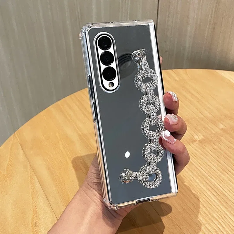Color: Beige, Material: CANVAS - Luxury Rhinestone Bracelet Phone Cover For Samsung Galaxy Z Fold 6 5 4 3 Makeup Mirror Soft TPU Frame Shockproof Case For Woman