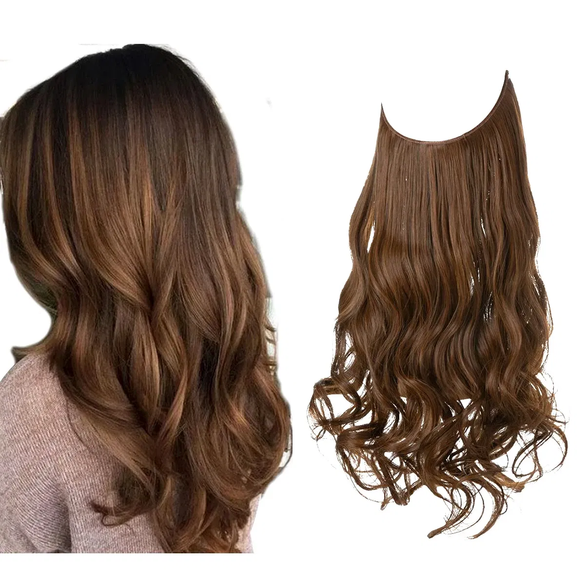 Color: NC/4HL, Stretched Length: 16inches - Synthetic No Clip Wave Hair Extensions Ombre Natural Black Blonde Pink One Piece False Hairpiece Fish Line Fake Hair Piece