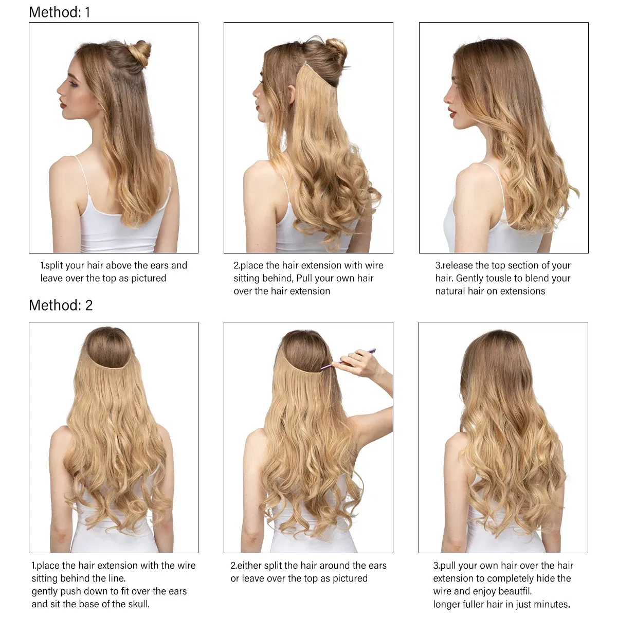 Color: NC/4HL, Stretched Length: 16inches - Synthetic No Clip Wave Hair Extensions Ombre Natural Black Blonde Pink One Piece False Hairpiece Fish Line Fake Hair Piece