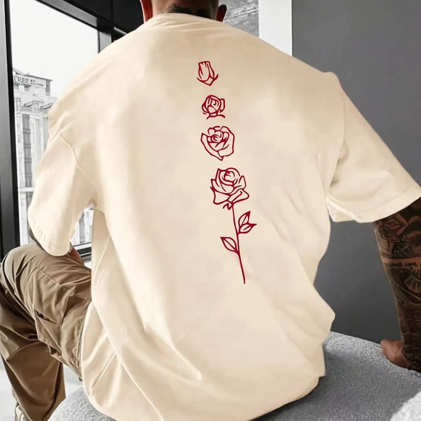 Color: Gold, Size: XL - Men's Summer Loose Fit  100 Cotton Rose pattern Print T-shirt Tops