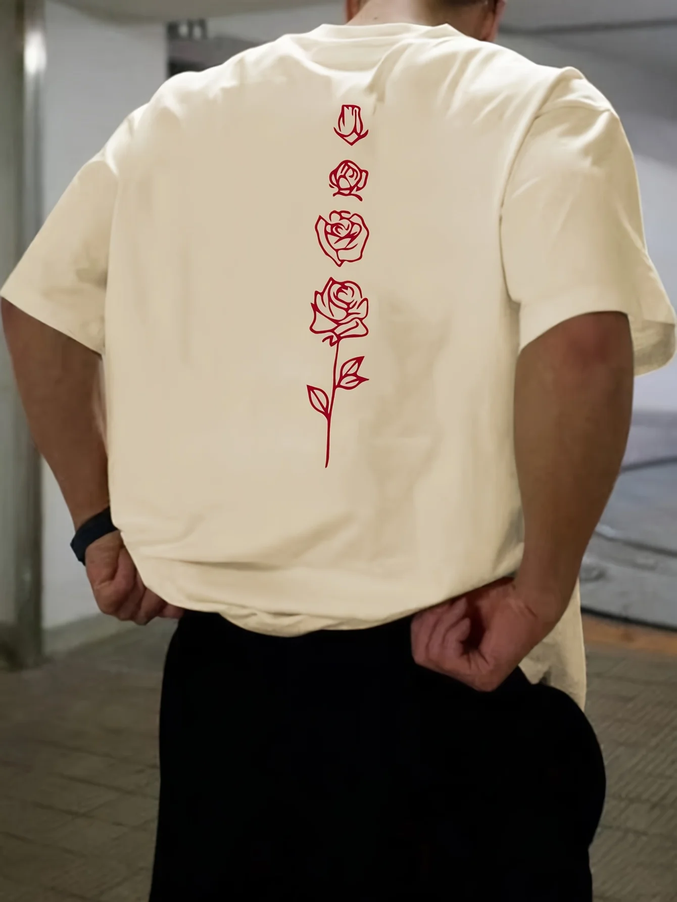 Color: Gold, Size: XL - Men's Summer Loose Fit  100 Cotton Rose pattern Print T-shirt Tops
