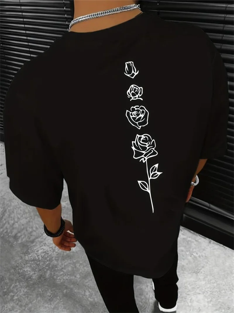 Color: Gold, Size: XL - Men's Summer Loose Fit  100 Cotton Rose pattern Print T-shirt Tops