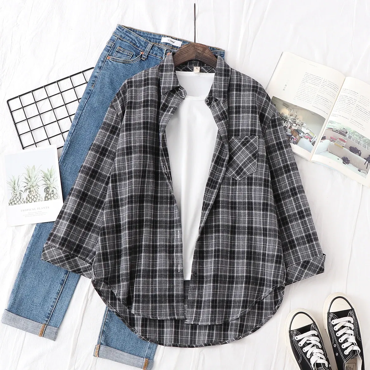 Color: black, Size: S - Fresh Flannel Plaid Shirt Women 2025 New Female Blouses and Tops Cotton Loose Long Sleeve Casual Shirts Fine Women's Clothes