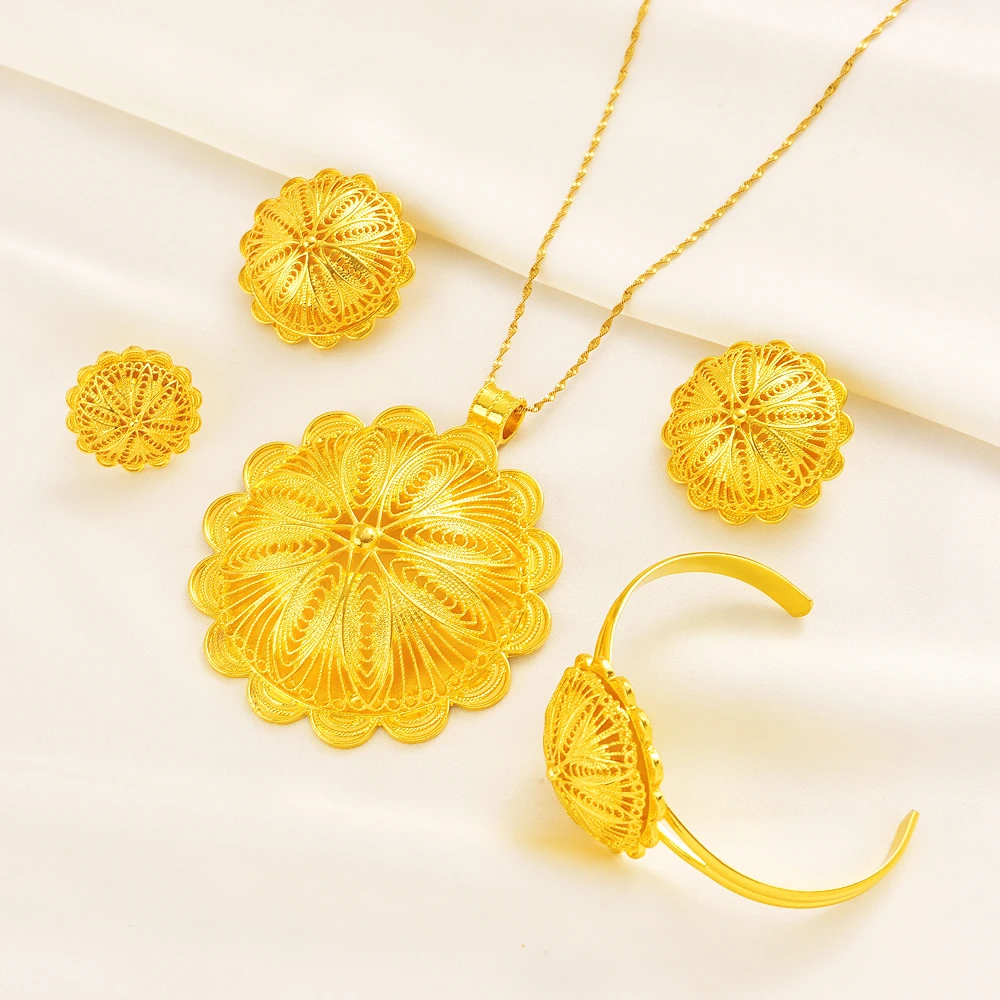 Metal color: Gold-color - 24K Gold Plated Fashion Ethiopian Earrings/Big Pendant/Ring/Bangle Jewelry Sets Gold Plate Africa Bride Wedding Eritrea Set Gift