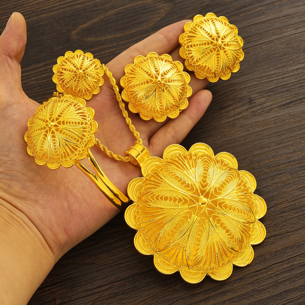 Metal color: Gold-color - 24K Gold Plated Fashion Ethiopian Earrings/Big Pendant/Ring/Bangle Jewelry Sets Gold Plate Africa Bride Wedding Eritrea Set Gift