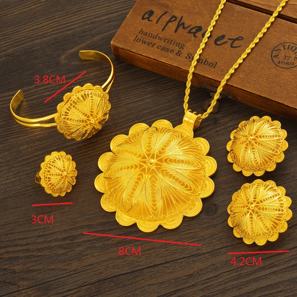 Metal color: Gold-color - 24K Gold Plated Fashion Ethiopian Earrings/Big Pendant/Ring/Bangle Jewelry Sets Gold Plate Africa Bride Wedding Eritrea Set Gift