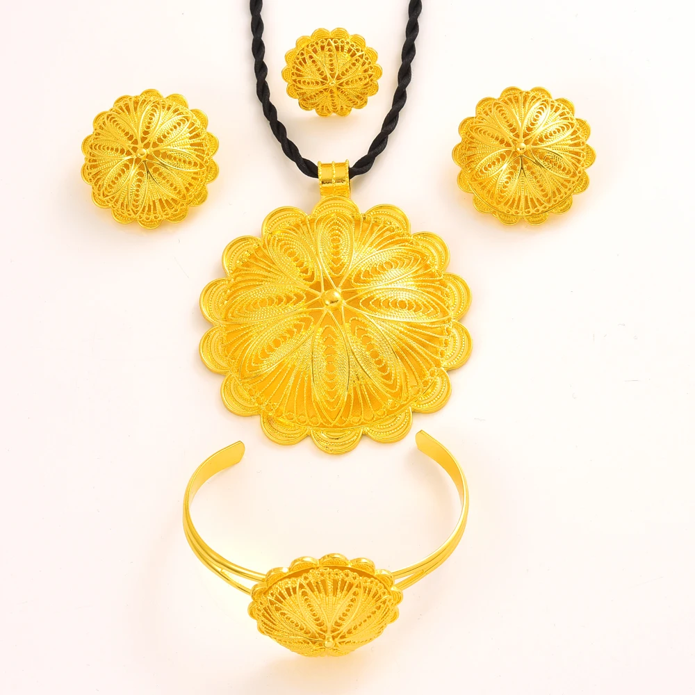 Metal color: Gold-color - 24K Gold Plated Fashion Ethiopian Earrings/Big Pendant/Ring/Bangle Jewelry Sets Gold Plate Africa Bride Wedding Eritrea Set Gift