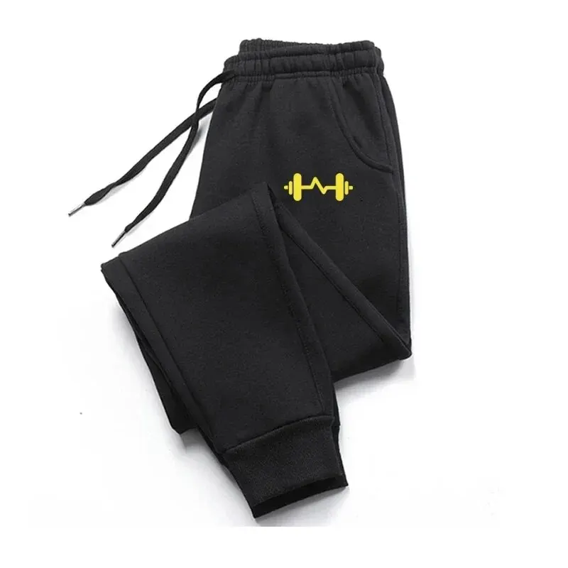 Size: XXL, Color: dark blue - 2024 Barbell Printed Fleece Men's Trousers Autumn Winter Pants Fashion Drawstring Casual Male Sweatpants Jogging Sports Pants