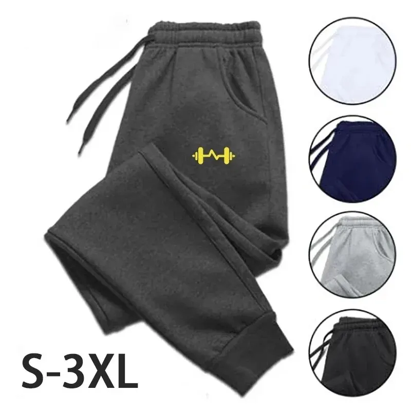 Size: XXL, Color: dark blue - 2024 Barbell Printed Fleece Men's Trousers Autumn Winter Pants Fashion Drawstring Casual Male Sweatpants Jogging Sports Pants