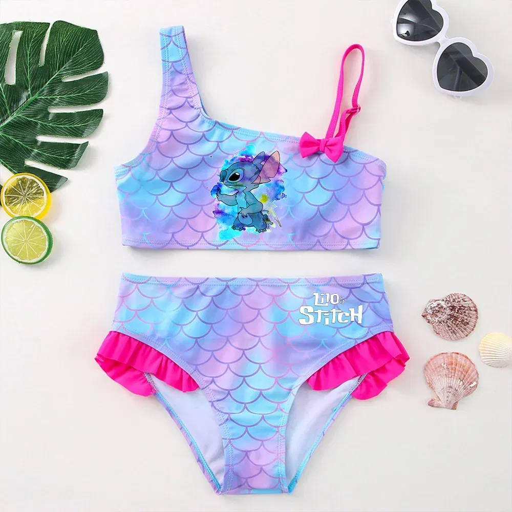 Color: Chocolate, Size: XS - Lilo Stitch Girls Swimsuit One-Piece Bathing Suits Kids Wear Fashion Mermaid Fish Children's Dresses Summer Swimwear Beach Suit