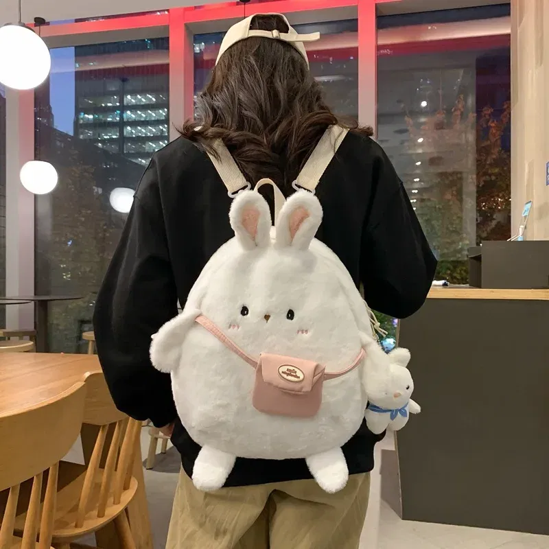 Color: Pink - 2024 New Cartoon Plush Rabbit Backpack Girl Cute Large Capacity Soft Bag Leisure Plush Book Bag Solid Color Crossbody Bag