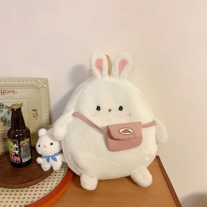 Color: Pink - 2024 New Cartoon Plush Rabbit Backpack Girl Cute Large Capacity Soft Bag Leisure Plush Book Bag Solid Color Crossbody Bag