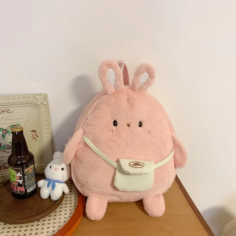 Color: Pink - 2024 New Cartoon Plush Rabbit Backpack Girl Cute Large Capacity Soft Bag Leisure Plush Book Bag Solid Color Crossbody Bag