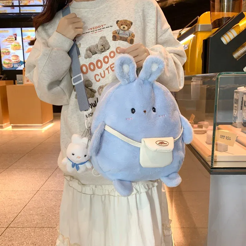 Color: Pink - 2024 New Cartoon Plush Rabbit Backpack Girl Cute Large Capacity Soft Bag Leisure Plush Book Bag Solid Color Crossbody Bag