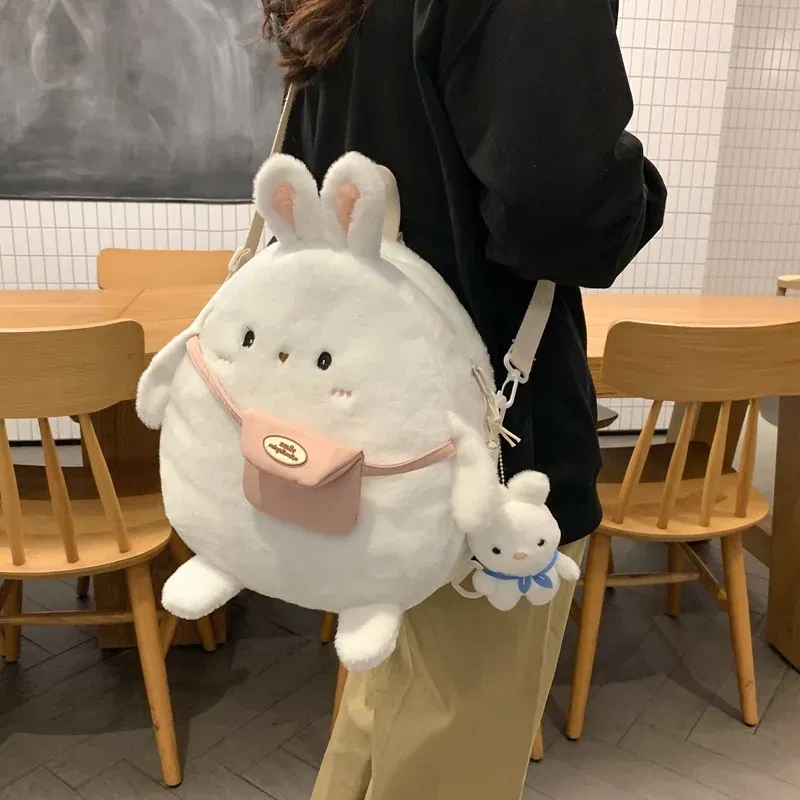 Color: Pink - 2024 New Cartoon Plush Rabbit Backpack Girl Cute Large Capacity Soft Bag Leisure Plush Book Bag Solid Color Crossbody Bag