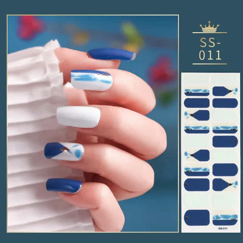 Color: Dark Gold - 22 Tips Blue and White Shiny Speckles Nail Art Sticker Full Cover Nail Stickers Last Update Nail Wraps Lot Sticker for Nails