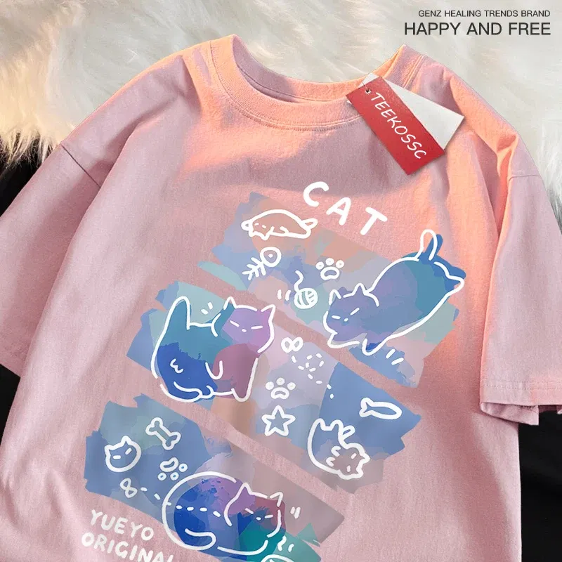 Color: army green, Size: S - Fun Mischievous Cat Print Japanese Style T-Shirts Men Women Fashion Tshirs Breathable Summer T-Shirts Cotton Loose Tee Clothes