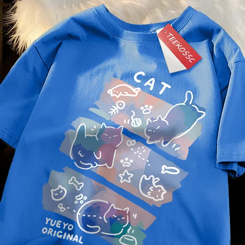 Color: army green, Size: S - Fun Mischievous Cat Print Japanese Style T-Shirts Men Women Fashion Tshirs Breathable Summer T-Shirts Cotton Loose Tee Clothes