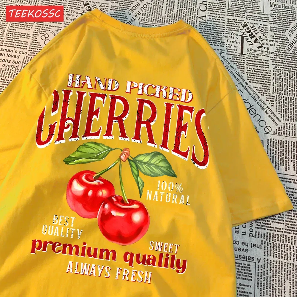 Color: Brown, Size: M - Summer Lemon Cherries Prints T-Shirts Cotton Women's Tops Oversize O-Neck Soft Short Sleeve tees Street Casual Womans Clothes