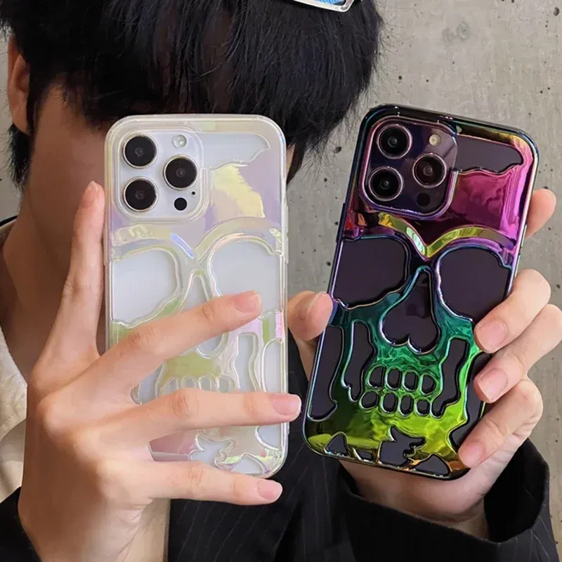 Color: Green, Material: Silicon - 3D Skull Ghostface Phone Case for iPhone 14 15 ProMax 11 12 13 Pro Max Plus Fashion Hollow Heat Dissipation Plating Slim Cover