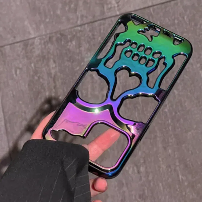 Color: Green, Material: Silicon - 3D Skull Ghostface Phone Case for iPhone 14 15 ProMax 11 12 13 Pro Max Plus Fashion Hollow Heat Dissipation Plating Slim Cover