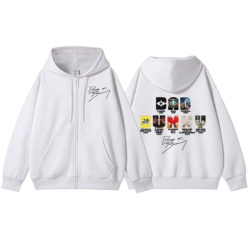 Color: Beige, Size: L - Rapper Bad Bunny Music Album Cover Print Zipper Hoodies Men Women Clothing Hip Hop Zip Up Sweatshirts Long Sleeve Hoodie Jackets