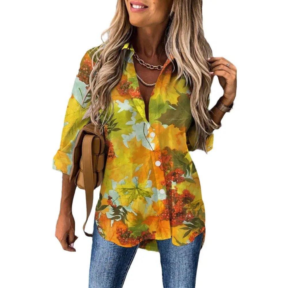 Color: GRAY, Size: S - Ladies Long Sleeved Shirt Vacation Style Coconut Tree 3D Digital Printed Button Up Collar Loose Casual Ladies Blouse 2024 Autumn