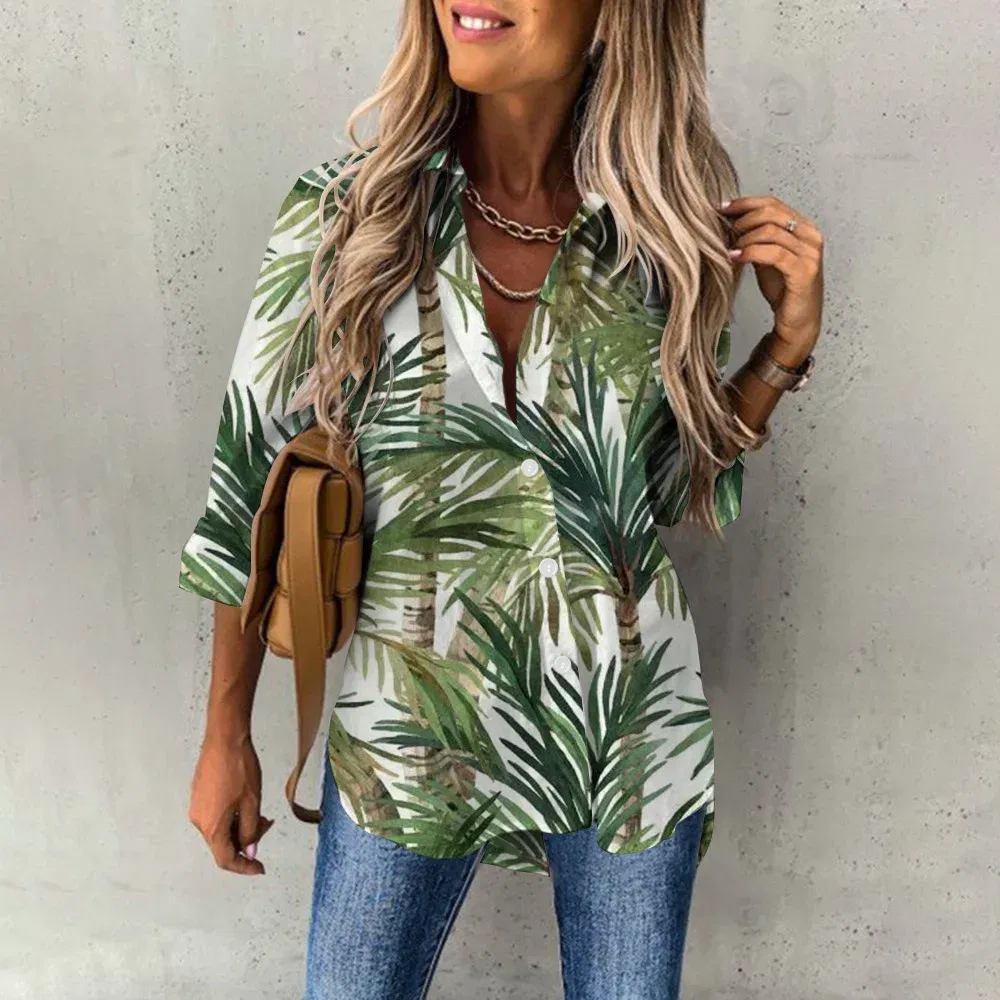 Color: GRAY, Size: S - Ladies Long Sleeved Shirt Vacation Style Coconut Tree 3D Digital Printed Button Up Collar Loose Casual Ladies Blouse 2024 Autumn
