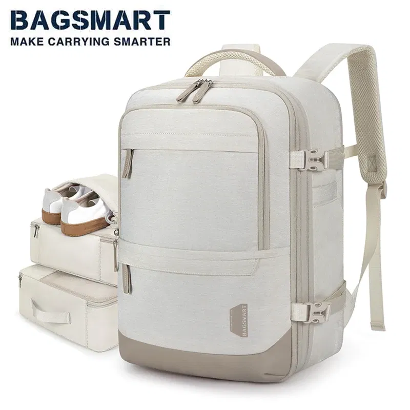 Color: Beige, Size: 12 inches, Ships From: CHINA - BAGSMART 4PCS Travel Backpack Cabin Carry On Backpack with Packing Cubes 40L Expandable Waterproof Backpacks for Women