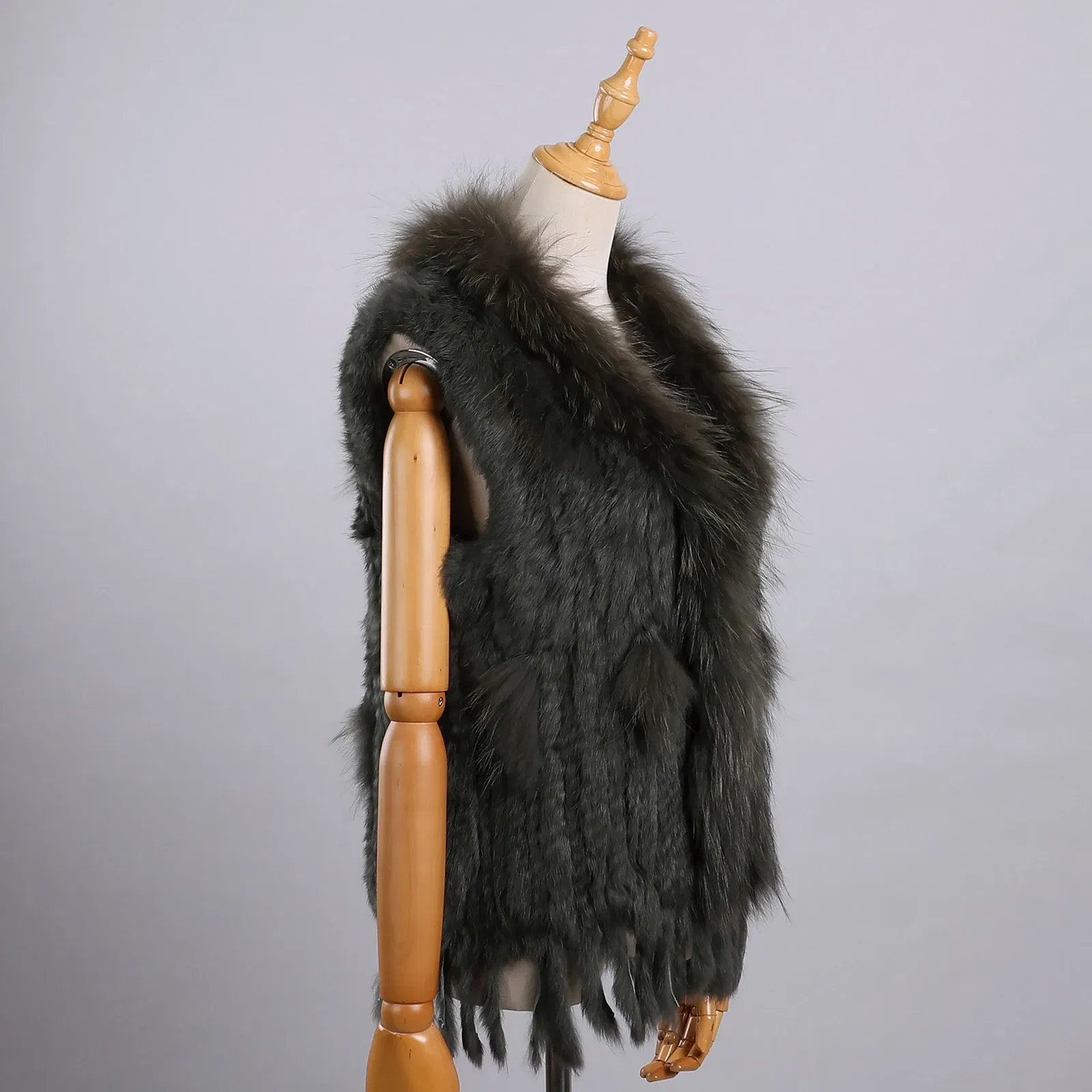 Color: army green, Size: XL - Luxury Women's Genuine Premium Long Hair Rabbit Fur Knit Vest Raccoon Fur Trim Gilet Lady Sleeveless Waistcoat Real Fur Jacket