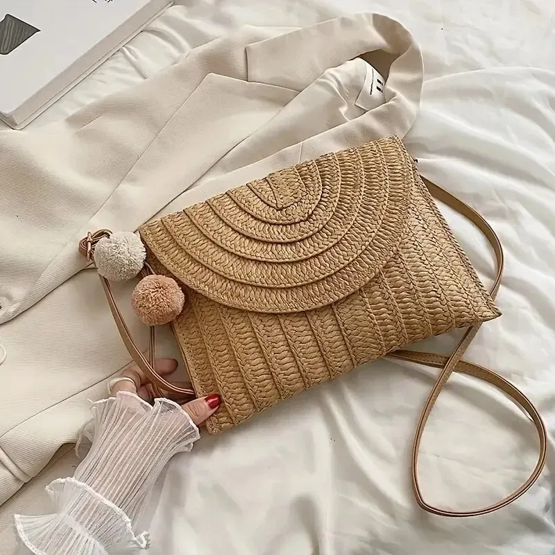 Color: Khaki - Handmade Straw Beach Shoulder Crossbody Bag Girls Envelope Woven Summer Small Hair Ball Cluth