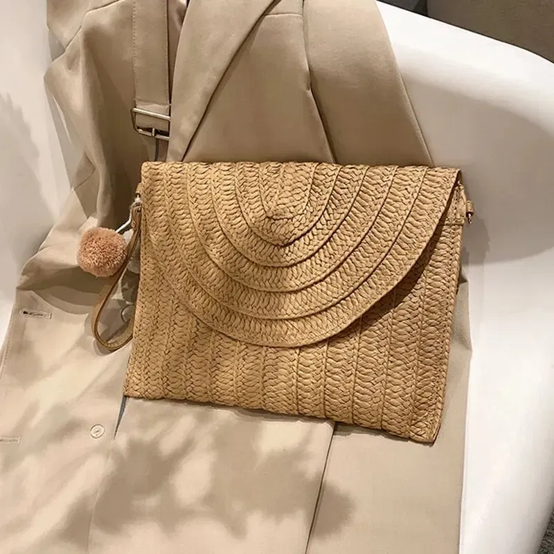 Color: Khaki - Handmade Straw Beach Shoulder Crossbody Bag Girls Envelope Woven Summer Small Hair Ball Cluth