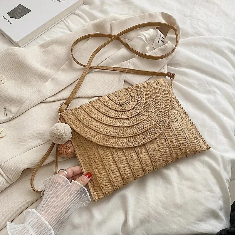 Color: Khaki - Handmade Straw Beach Shoulder Crossbody Bag Girls Envelope Woven Summer Small Hair Ball Cluth