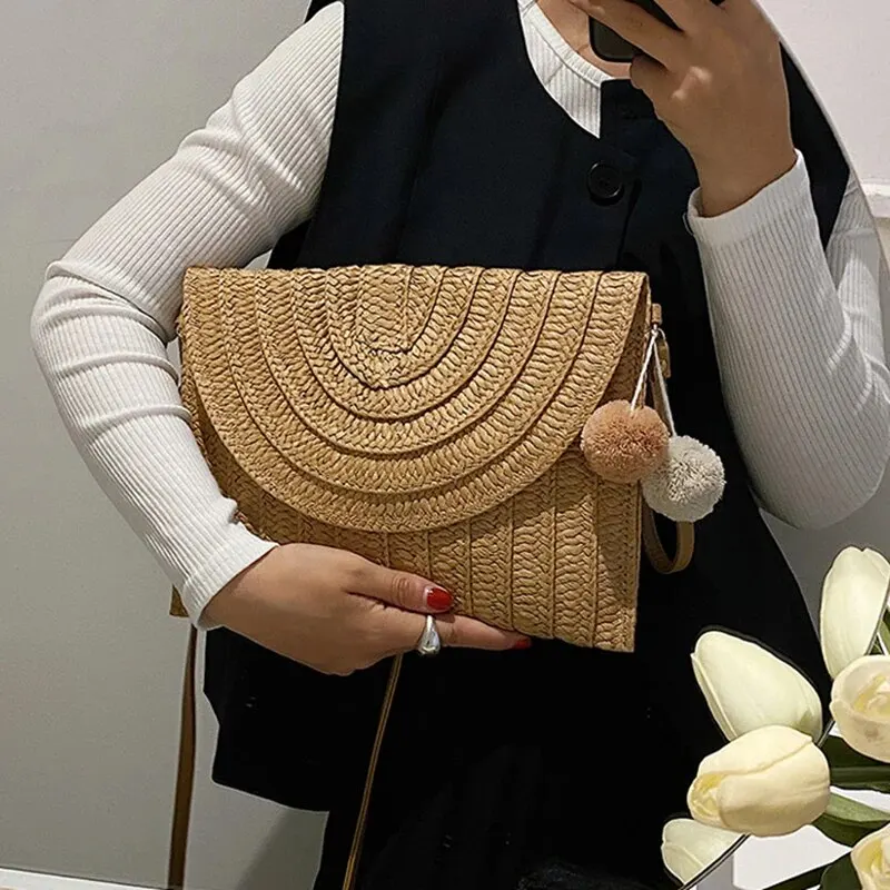 Color: Khaki - Handmade Straw Beach Shoulder Crossbody Bag Girls Envelope Woven Summer Small Hair Ball Cluth