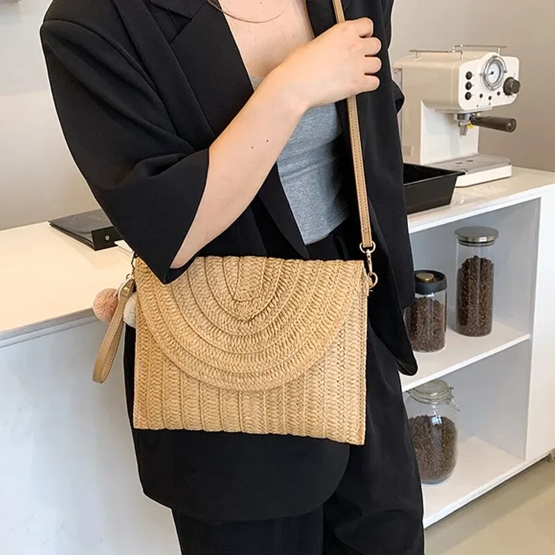 Color: Khaki - Handmade Straw Beach Shoulder Crossbody Bag Girls Envelope Woven Summer Small Hair Ball Cluth