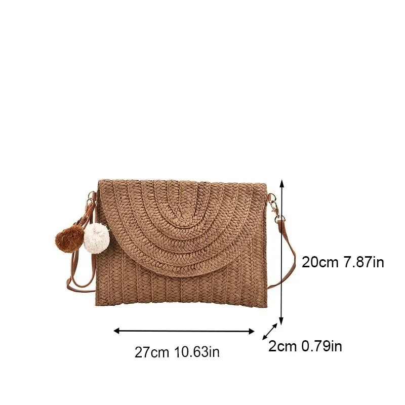 Color: Khaki - Handmade Straw Beach Shoulder Crossbody Bag Girls Envelope Woven Summer Small Hair Ball Cluth