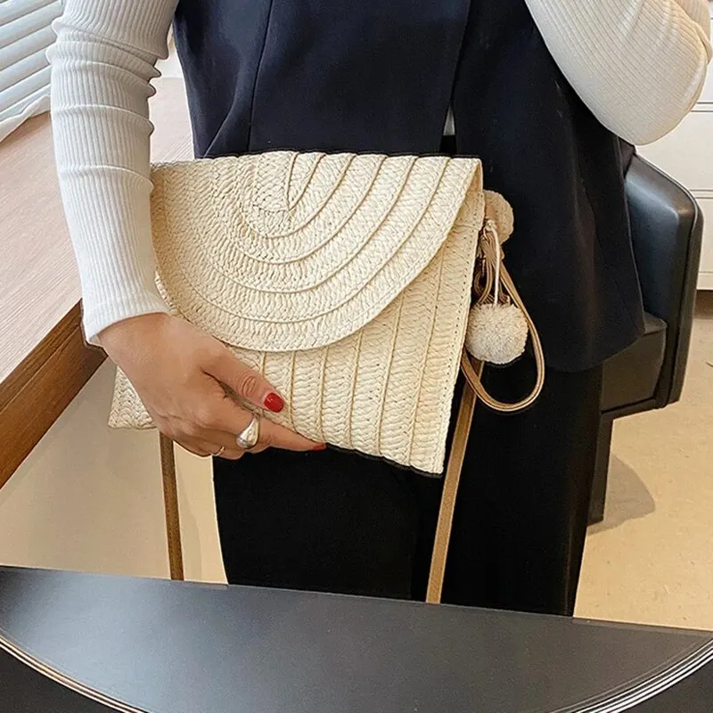 Color: Khaki - Handmade Straw Beach Shoulder Crossbody Bag Girls Envelope Woven Summer Small Hair Ball Cluth