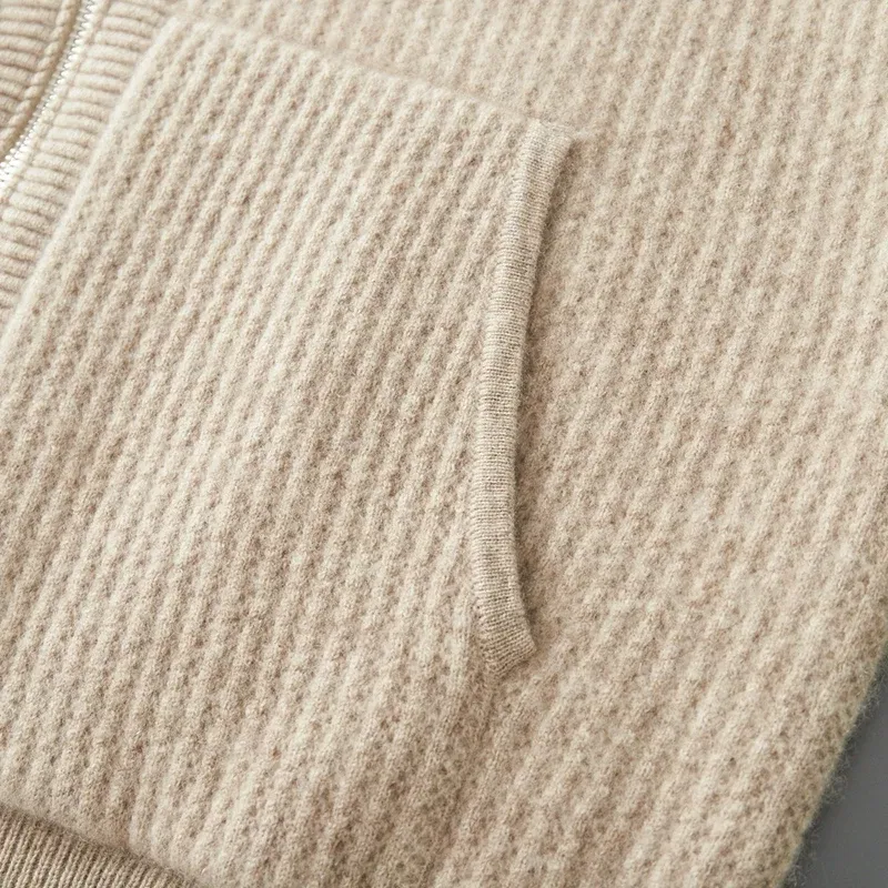 Color: Blue, Size: XXL, Ships From: CHINA - New Product 100% Merino Wool Knitted Cardigan For Men Hooded Sweater Casual High-end Jacket Men's long Sleeved Wool Sweater Coat