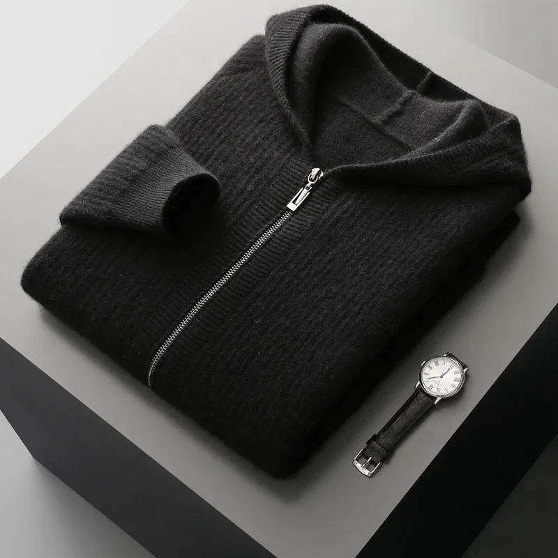 Color: Blue, Size: XXL, Ships From: CHINA - New Product 100% Merino Wool Knitted Cardigan For Men Hooded Sweater Casual High-end Jacket Men's long Sleeved Wool Sweater Coat