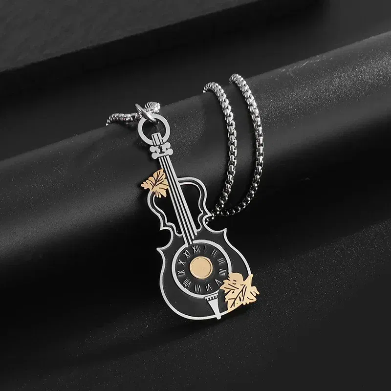 Metal Color: Rust Red - Retro Punk Music Guitar Necklace for Men Personalized Gothic Pendant Fashion Hip Hop Rock Singer Jewelry Gift