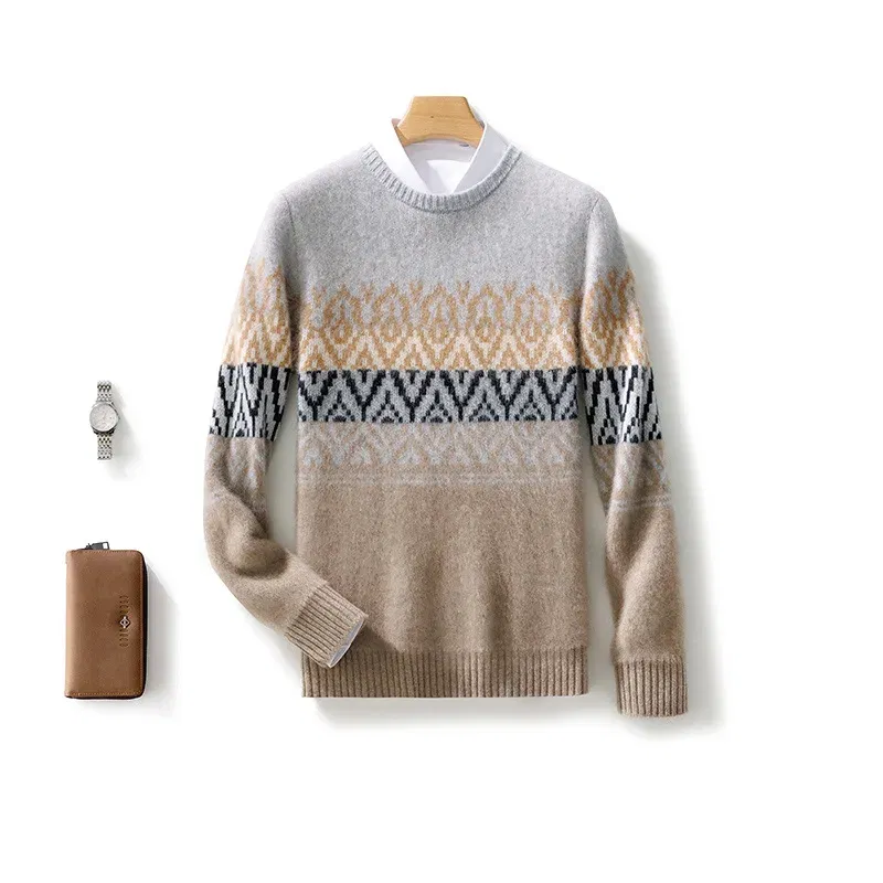 Color: GRAY, Size: XXL - 100% Pure Wool Pullover Sweater Men's Round Neck Knitted Sweater Autumn Winter Thick Warm Ethnic Style Men's Clothing