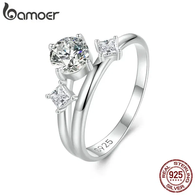 Gem Color: Red, Ring Size: 6 - Bamoer 925 Sterling Silver Sparkling Double Layer Zircon Stackable Ring for Women Girl White Gold Band Ring Engagement Jewelry