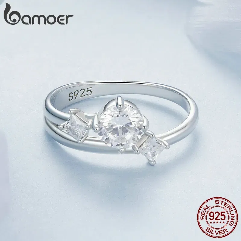 Gem Color: Red, Ring Size: 6 - Bamoer 925 Sterling Silver Sparkling Double Layer Zircon Stackable Ring for Women Girl White Gold Band Ring Engagement Jewelry