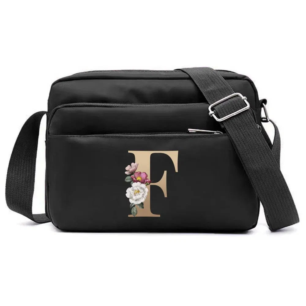 Color: Gold - New Fashion Multi-layer Travel Leisure Simple Storage Bag Black Gold Letter Series Printing Pattern One Shoulder Crossbody Bag