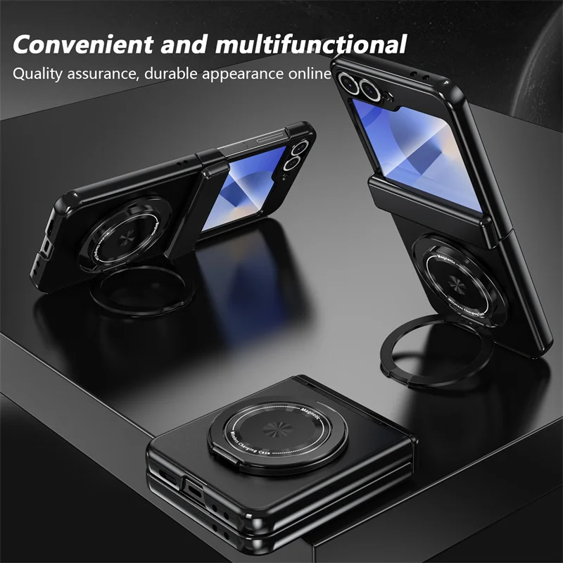 Color: black, Material: aluminum - 360?° Magnetic Rotate Holder Ring Phone Case For Samsung Galaxy Z Flip 6 5 4 Flip6 Flip5 Flip4 Flip3 Hard Shell Protection Cover