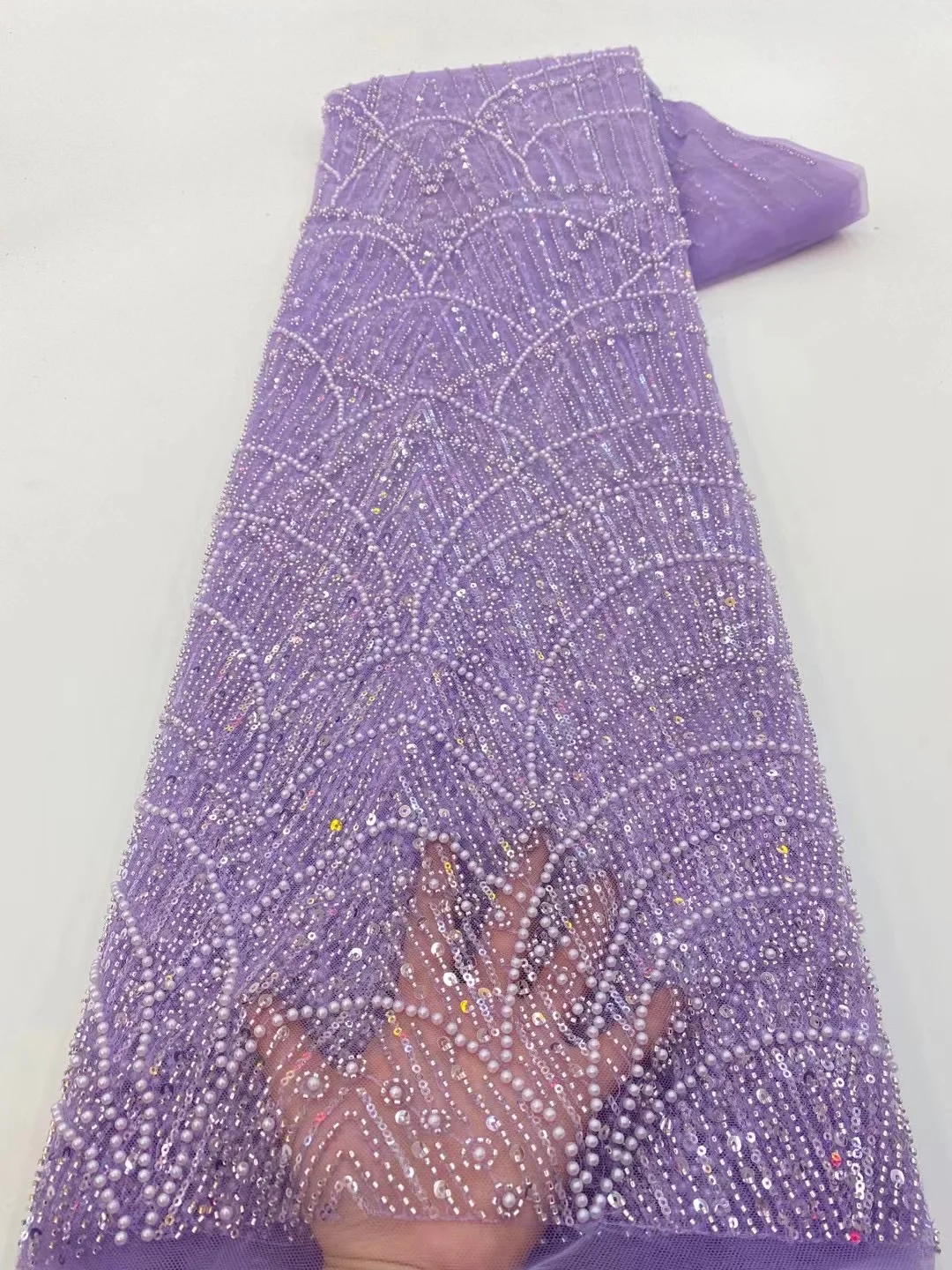 Color: Pink, Width: 120cm, Length: 5 yards - Wholesale African Sequins Lace Fabric French Embroidery High Quality Luxury Heavy Beaded Bridal Wedding Lace 5 yards