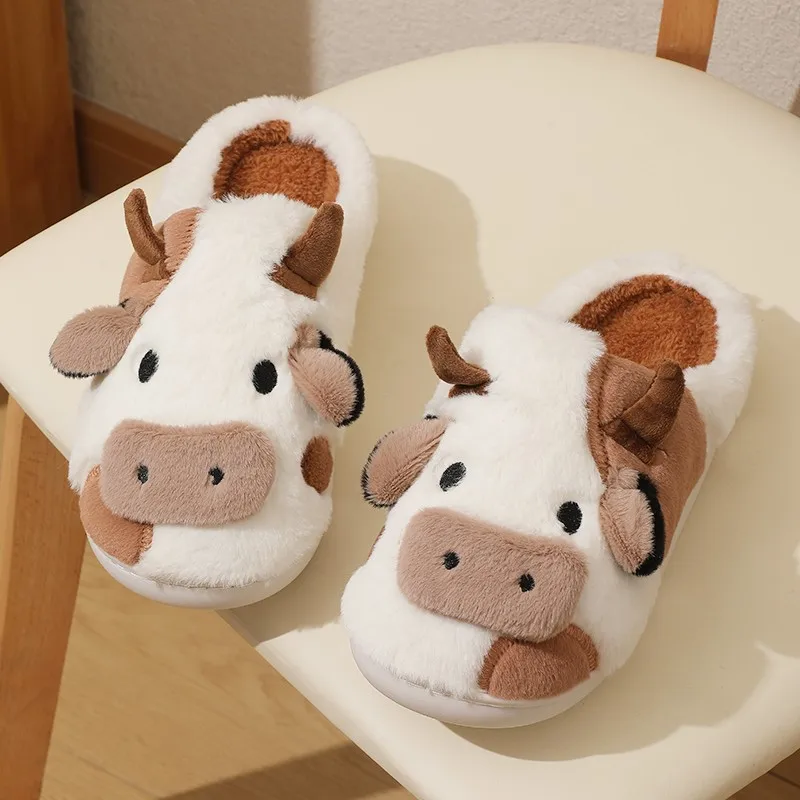 Color: Khaki, Shoe Size: 40 - New Winter Unisex Cartoon Cow Warm Plush Slippers Couple's Indoor Non-slip House Mule Men And Women Toe Wrap Home Cotton Shoes