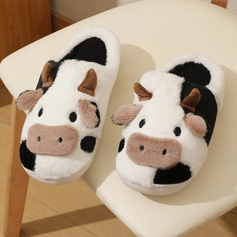 Color: Khaki, Shoe Size: 40 - New Winter Unisex Cartoon Cow Warm Plush Slippers Couple's Indoor Non-slip House Mule Men And Women Toe Wrap Home Cotton Shoes